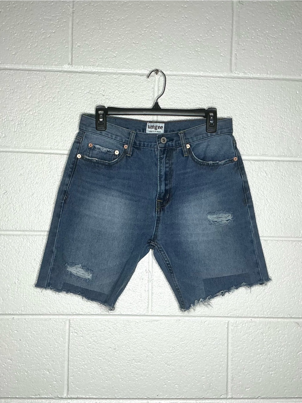 < Umgee Medium-Wash High-Rise Distressed Raw Hem Denim Shorts >